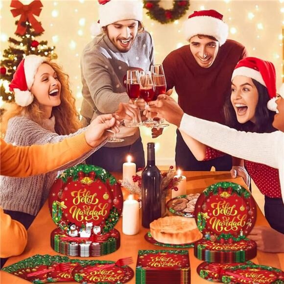 96PCS Feliz Navidad Christmas Tableware Set Disposable Plates, Cups & Napkins - Picture 2 of 8